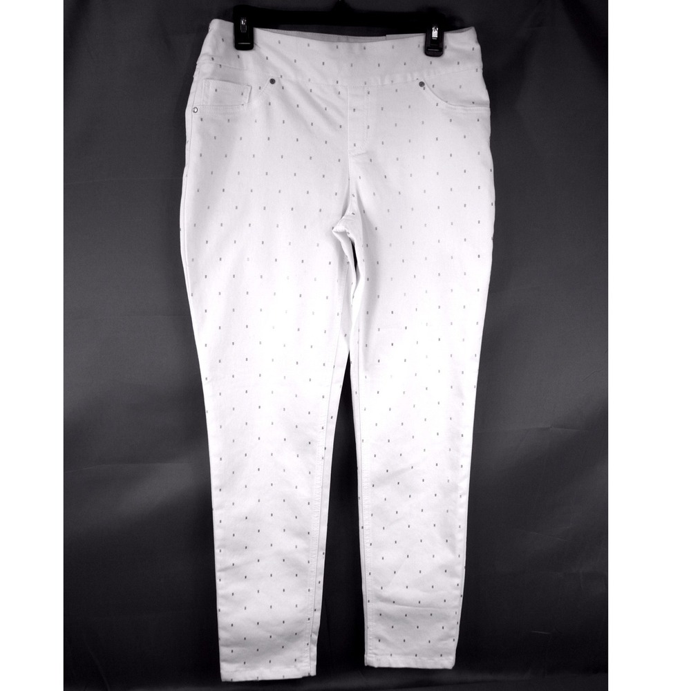 Peck & Peck White Gold Foil Dash Print Pull On Girlfriend Jeans Slim Leg Size 10